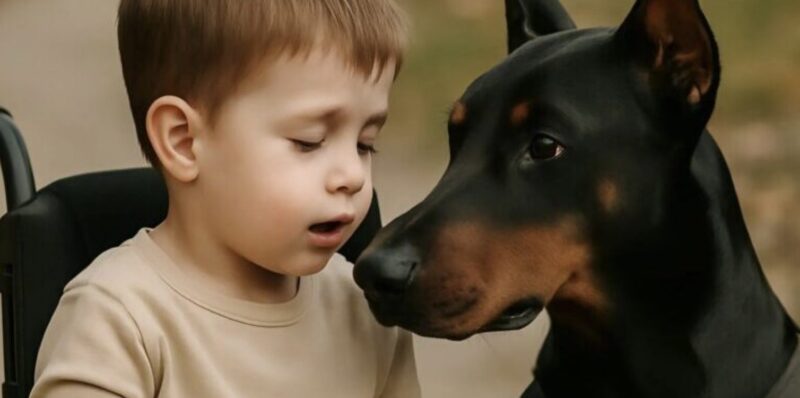 Vi lämnade vår handikappade son med en Doberman och en halvtimme senare hörde vi hundens skrämmande skällande.