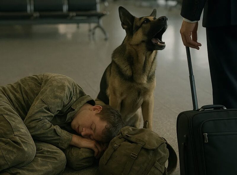 Folk på flygplatsen såg en uniformerad man på marken – sedan skällde hans hund på alla som kom nära