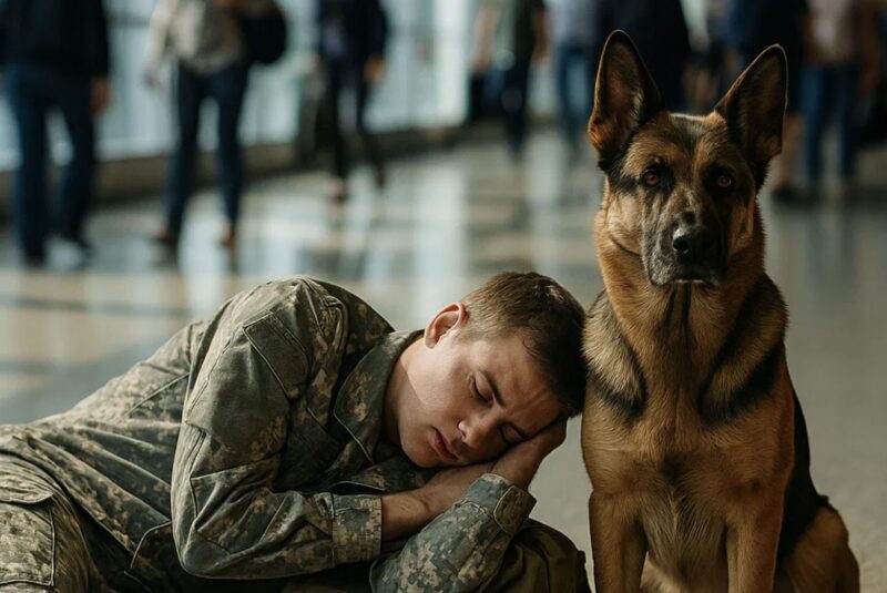 Folk på flygplatsen såg en uniformerad man på marken – sedan skällde hans hund på alla som kom nära