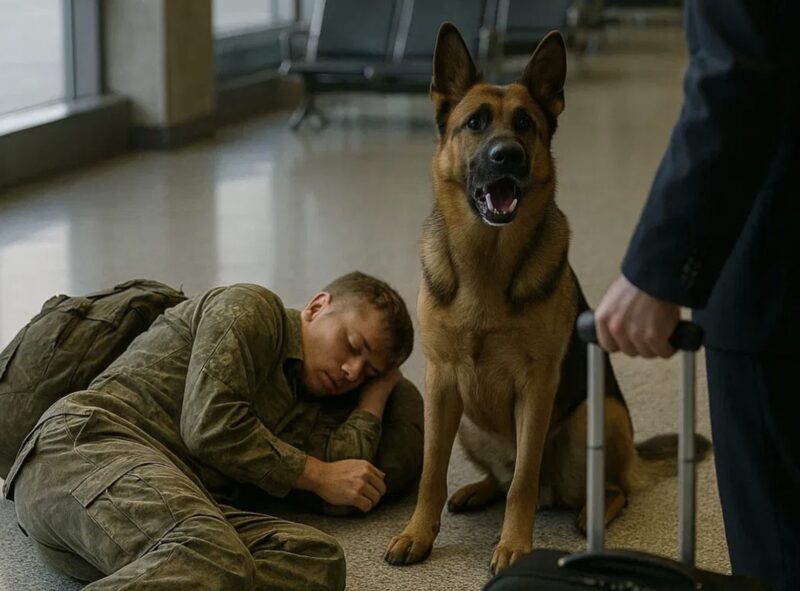 Folk på flygplatsen såg en uniformerad man på marken – sedan skällde hans hund på alla som kom nära