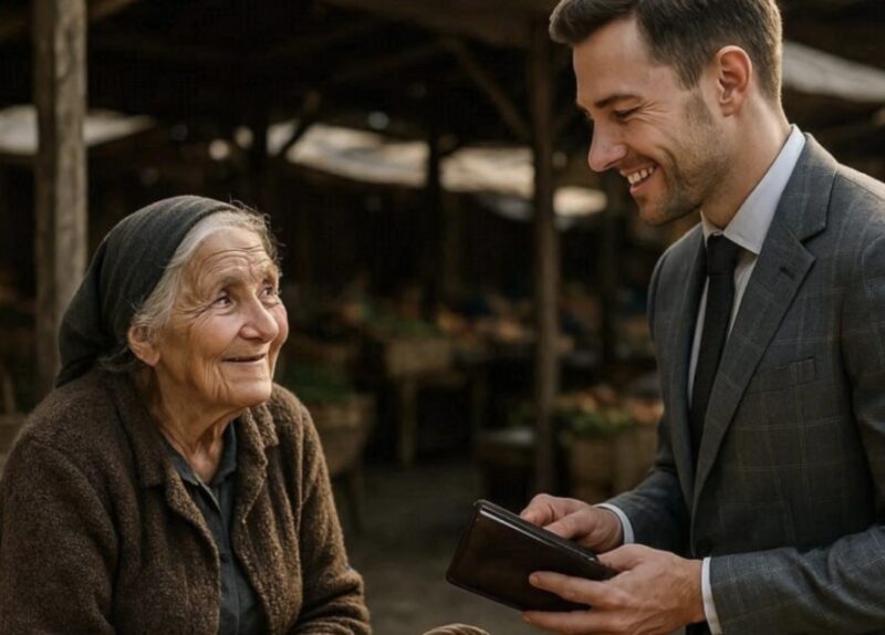 En mormor sålde ägg på marknaden när en lokal huligan kom fram till henne och slog sönder hennes varor. Alla blev chockade när en ung man i kostym ingrep.