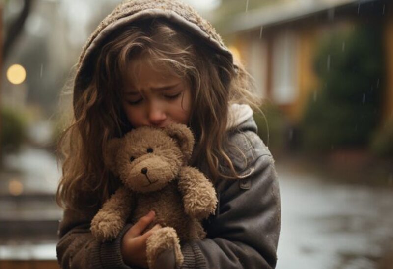 En 6-årig flicka släpades ut på gården av sin styvmor och sin älskare strax efter att hon kommit tillbaka från sin fars begravning. Där, under förevändning att avvärja otur, hällde de en hink med kallt vatten över hennes huvud. Den lilla flickan, som höll fast vid sin nallebjörn, darrade från topp till tå framför det som tidigare varit hennes hem. Plötsligt stannade en lyxbil med ett skrik framför grinden. En förmögen man klev ur.