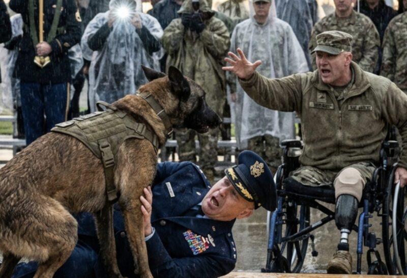 Generalen befallde lugnt hunden att sitta ner, i förväntan om omedelbar lydnad. Istället kastade djuret sig fram och chockerade folkmassan.