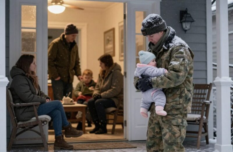 Mitt plan landade efter arton månader utomlands, men istället för att min fru väntade med öppna armar, fann jag henne hopsjunken barfota i snön utanför mitt eget hus, där hon skyddade vår sex månader gamla son med sin frysande kropp.